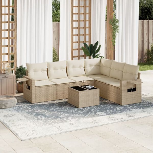 vidaXL Set Divani da Giardino 7 pz con Cuscini Beige in Polyrattan