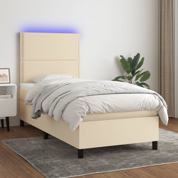 vidaXL Letto a Molle con Materasso e LED Crema 90x200 cm in Tessuto