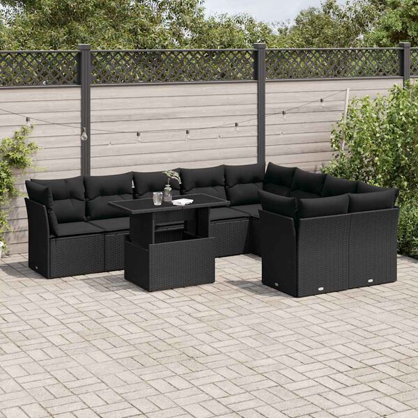vidaXL Set Divani da Giardino 10pz con Cuscini in Polyrattan Nero
