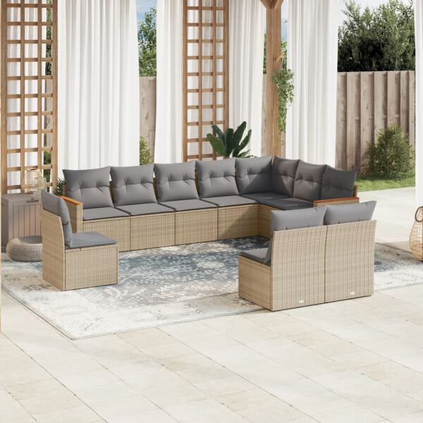 vidaXL Set Divano da Giardino 10 pz con Cuscini Beige Misto Polyrattan