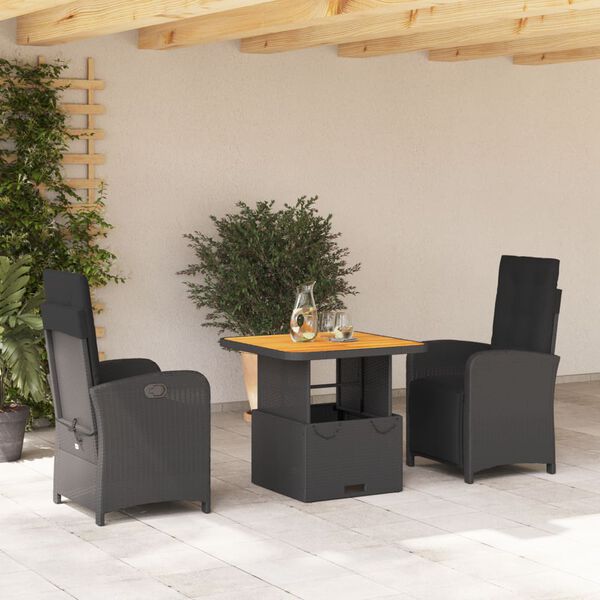 vidaXL Set da Pranzo da Giardino 3 pz con Cuscini Nero in Polyrattan