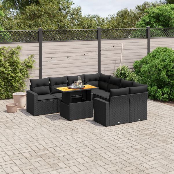 vidaXL Set Divani da Giardino 9 pz con Cuscini Nero in Polyrattan
