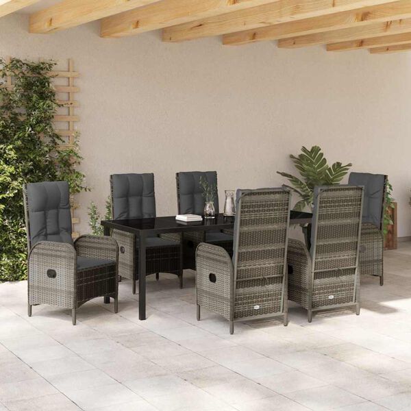 vidaXL Set da Pranzo per Giardino con cuscino 7 pcs Grigio polyrattan