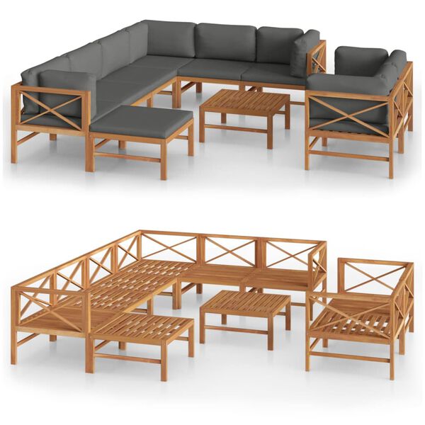 vidaXL Set Divani Giardino 10 pz Cuscini Grigi Legno Massello di Teak