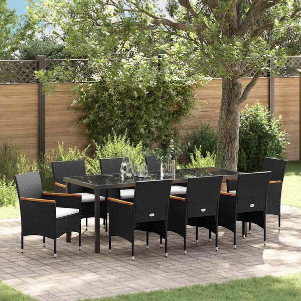 vidaXL Set da Pranzo per Giardino con cuscino 9 pcs Nero polyrattan