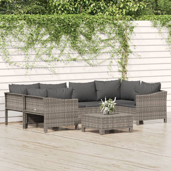 vidaXL Set Divani da Giardino 7 pz con Cuscini in Polyrattan Grigio
