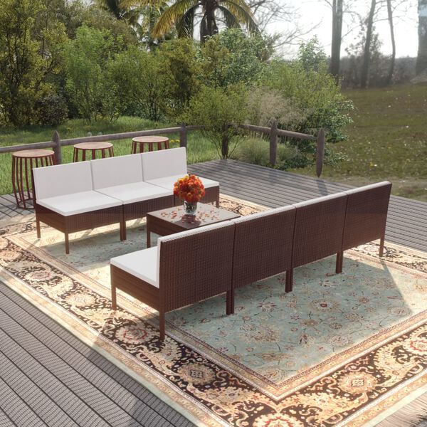 vidaXL Set Divani da Giardino 8 pz con Cuscini in Polyrattan Marrone