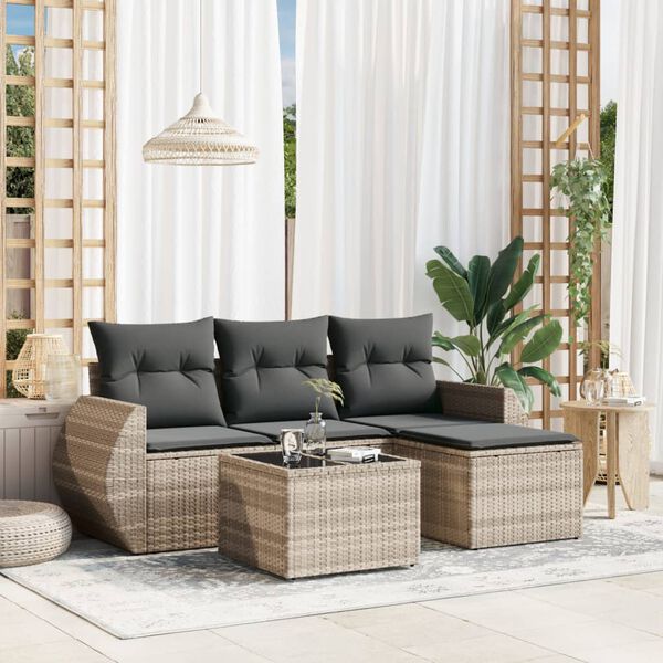 vidaXL Set Divano da Giardino 5pz con Cuscini Grigio Chiaro Polyrattan