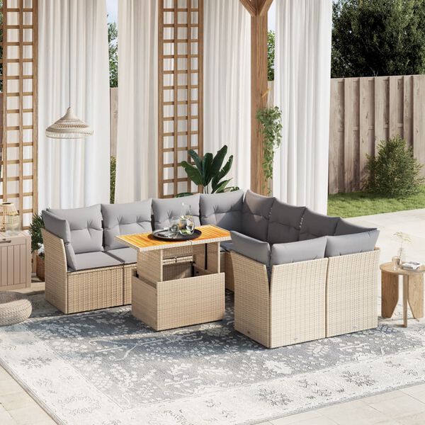 vidaXL Set Divano da Giardino 9 pz con Cuscini Beige in Polyrattan