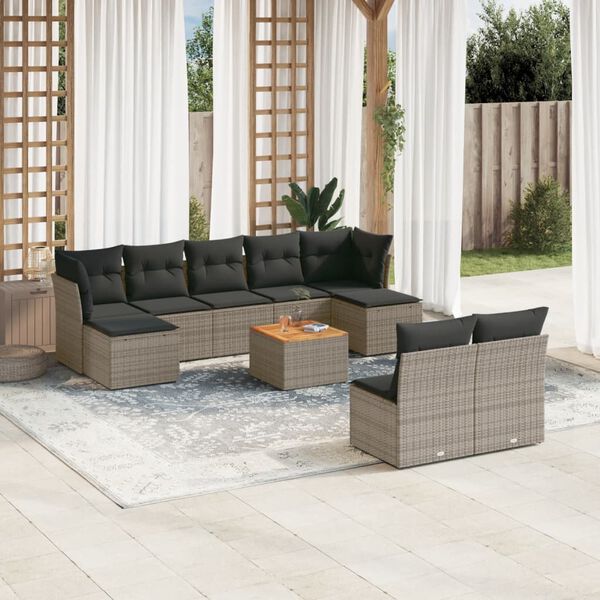 vidaXL Set Divano da Giardino 10 pz con Cuscini Grigio in Polyrattan