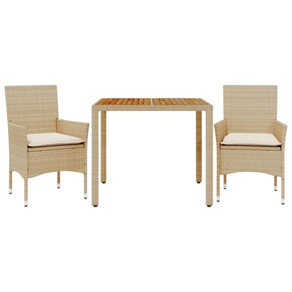 vidaXL Set Pranzo da Giardino 3 pz con Cuscini Beige Polyrattan Acacia