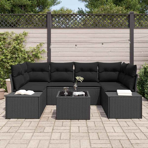 vidaXL Set Divano da Giardino con cuscino 7 pcs Nero polyrattan