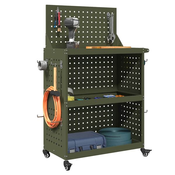 vidaXL Carrello per Attrezzi con ruota Verde oliva 65 x 35 x 111 cm