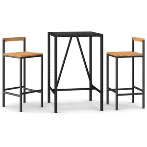 vidaXL Set Bar Giardino 3 pz Nero Polyrattan e Legno Massello Acacia