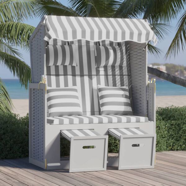 vidaXL Strandkorb Cuscini Polyrattan e Legno Massello Grigio e Bianco