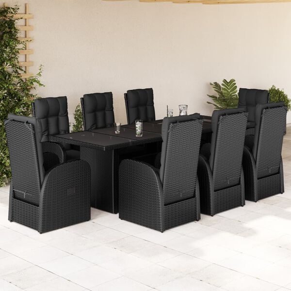 vidaXL Set da Pranzo da Giardino 9 pz con Cuscini Nero in Polyrattan