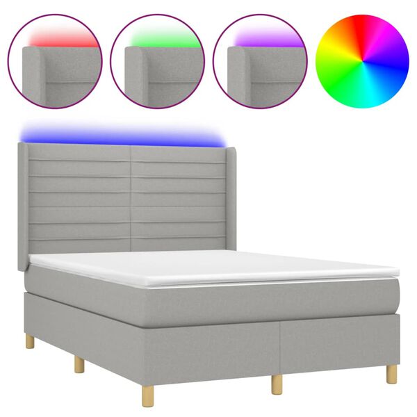 vidaXL Letto a Molle Materasso e LED Grigio Chiaro 140x190 cm Tessuto
