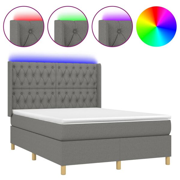 vidaXL Letto a Molle Materasso e LED Grigio Scuro 140x190cm in Tessuto