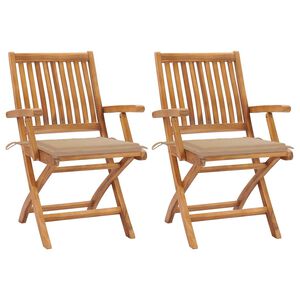 vidaXL Sedie pieghevoli, 2 pezzi, con cuscini beige, in legno massello di teak.