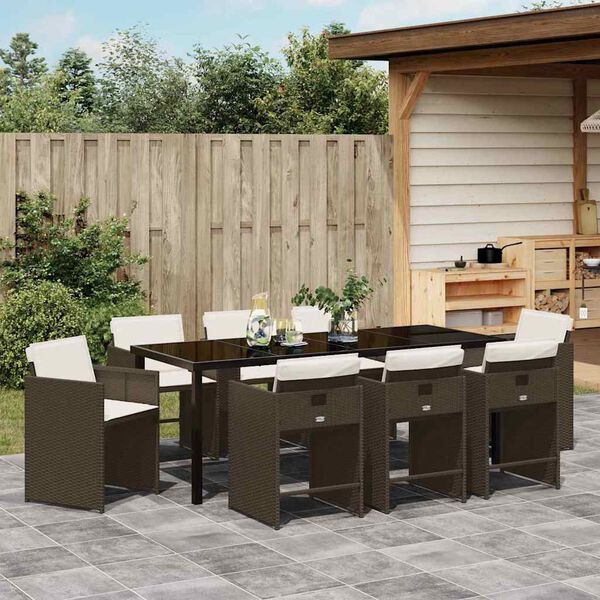 vidaXL Set da Pranzo per Giardino con cuscino 9 pcs Marrone polyrattan