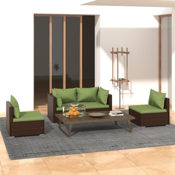 vidaXL Set Divani da Giardino 4 pz con Cuscini in Polyrattan Marrone