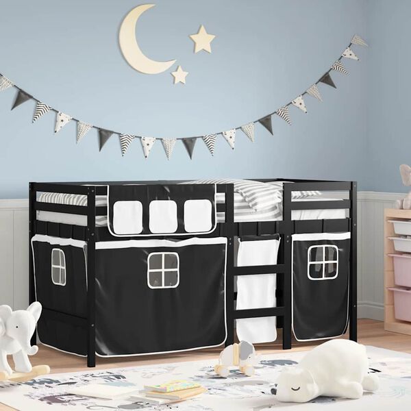vidaXL Letto a Soppalco con Tende Bambini Bianco e Nero 90x200 cm Pino