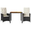 vidaXL Set da Bistr&ograve; 3 pz con Cuscini Nero Polyrattan e Legno Acacia