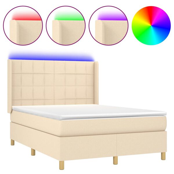 vidaXL Letto a Molle con Materasso e LED Crema 140x190 cm in Tessuto