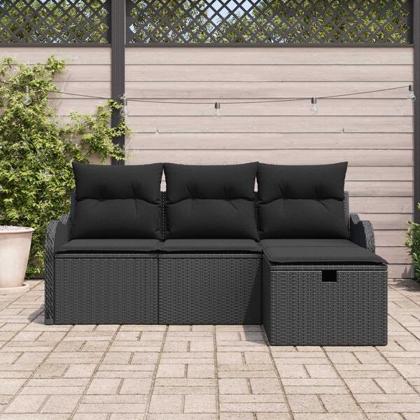 vidaXL Set Divano da Giardino con cuscino 4 pcs Nero Poly Rattan