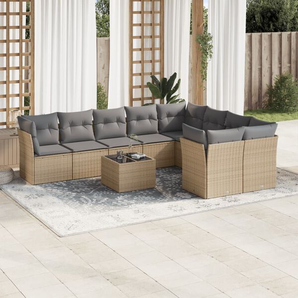 vidaXL Set Divano da Giardino 10 pz con Cuscini Beige in Polyrattan