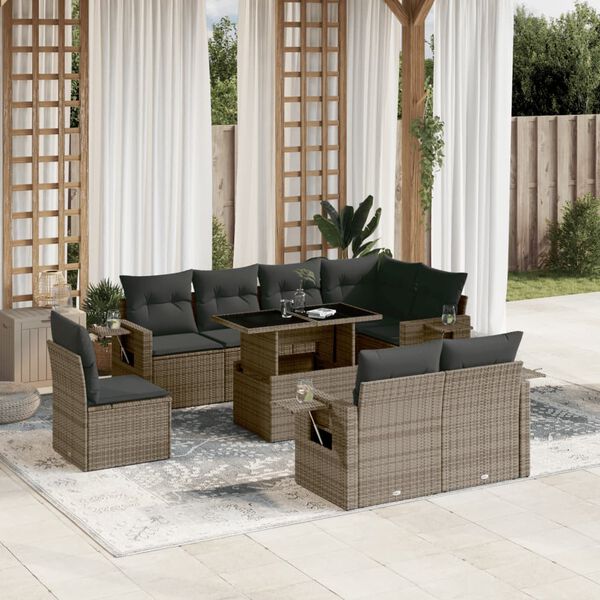 vidaXL Set Divano da Giardino 9 pz con Cuscini Grigio in Polyrattan