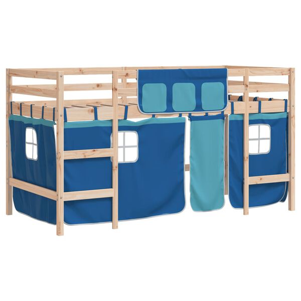 vidaXL Letto a Soppalco con Tende Bambini Blu 90x200 cm Massello Pino