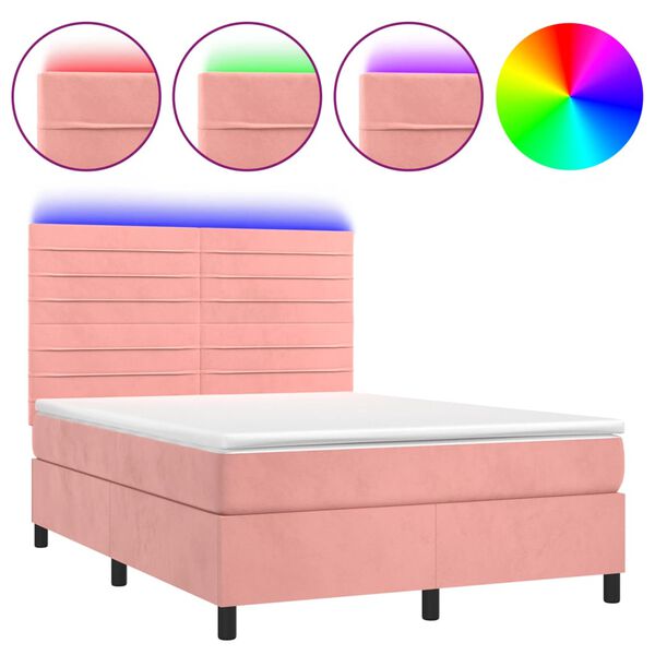 vidaXL Letto a Molle con Materasso e LED Rosa 140x200 cm in Velluto