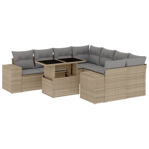 vidaXL Set Divano da Giardino 9 pz con Cuscini Beige in Polyrattan