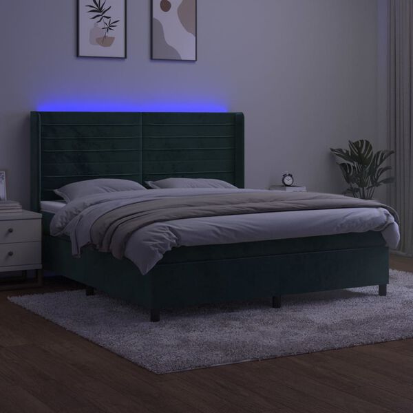 vidaXL Letto a Molle con Materasso e LED Verde Scuro 180x200cm Velluto