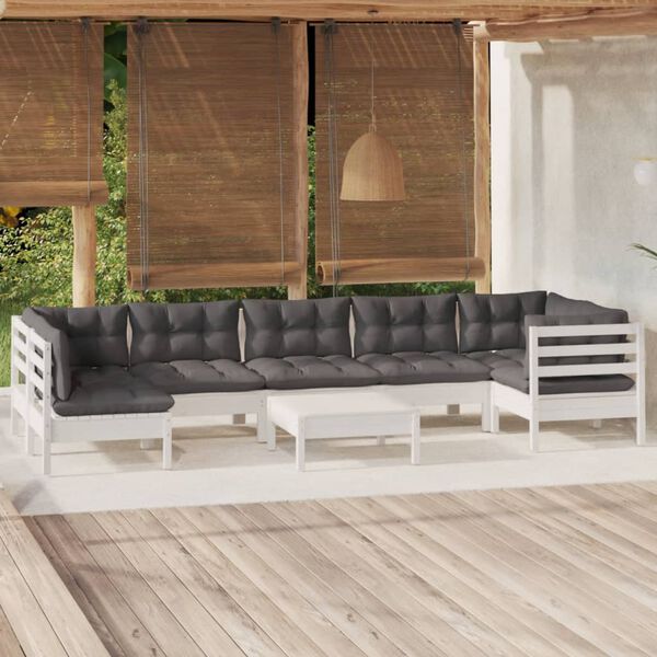vidaXL Set Divani da Giardino 8 pz con Cuscini Bianchi Legno di Pino