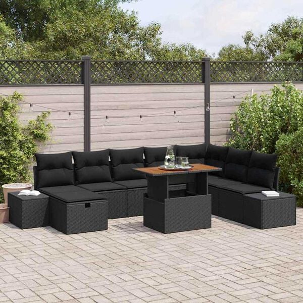 vidaXL Set Divano da Giardino con archiviazione 9 pcs Nero Poly Rattan