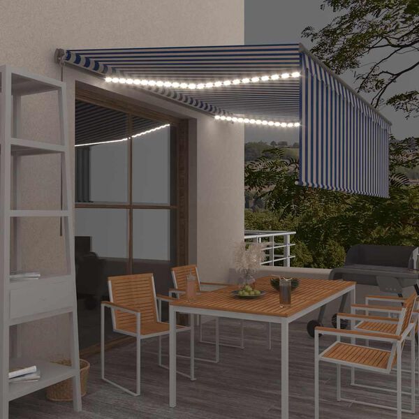 vidaXL Tenda Sole Retrattile Manuale con LED 4,5x3m Blu e Bianco