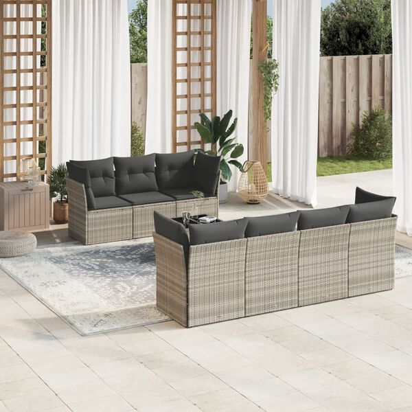 vidaXL Set Divano da Giardino 8pz con Cuscini Grigio Chiaro Polyrattan