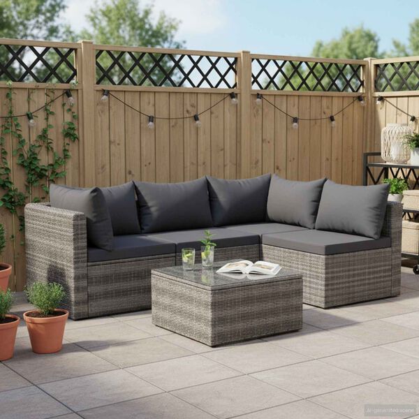 vidaXL Set Divani da Giardino 5 pz con Cuscini in Polyrattan Grigio