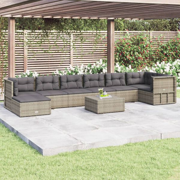 vidaXL Set Divani da Giardino 8 pz con Cuscini in Polyrattan Grigio