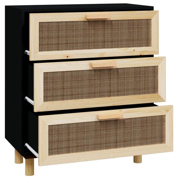 vidaXL Credenza Nera 60x30x70 cm Legno Massello Pino e Rattan Naturale