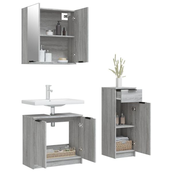 vidaXL Set Mobili da Bagno 3 pz Grigio Sonoma in Legno Multistrato