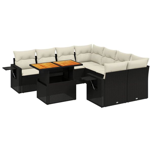 vidaXL Set Divani da Giardino 9 pz con Cuscini Nero in Polyrattan