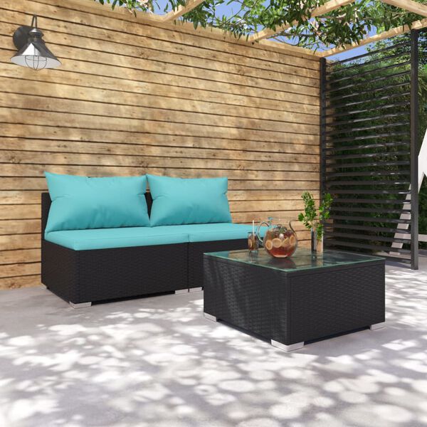 vidaXL Set Divani da Giardino 3 pz con Cuscini in Polyrattan Nero
