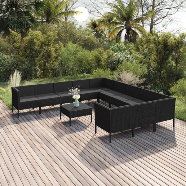 vidaXL Set Divani da Giardino 12 pz con Cuscini in Polyrattan Nero