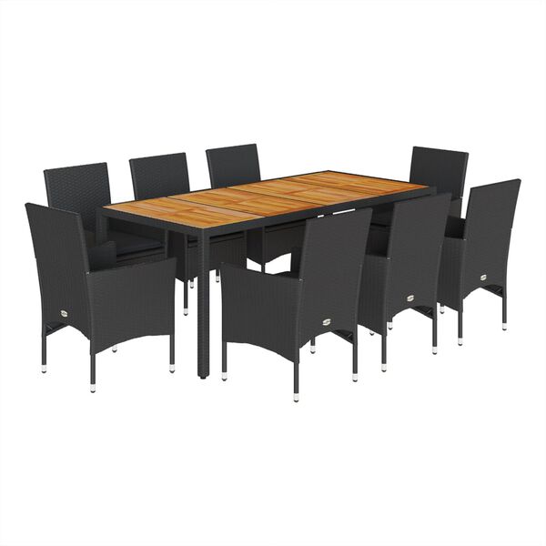 vidaXL Set Pranzo da Giardino 9 pz con Cuscini Nero Polyrattan Acacia