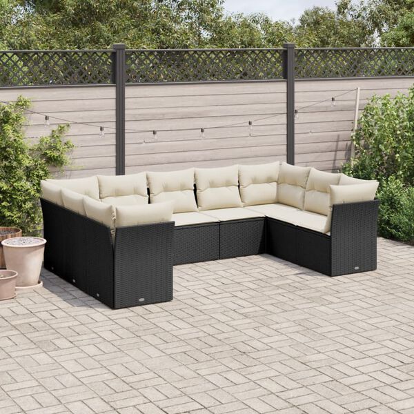 vidaXL Set Divani da Giardino 9 pz con Cuscini Nero in Polyrattan