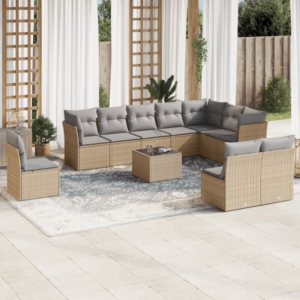 vidaXL Set Divani da Giardino 11 pz con Cuscini Beige in Polyrattan