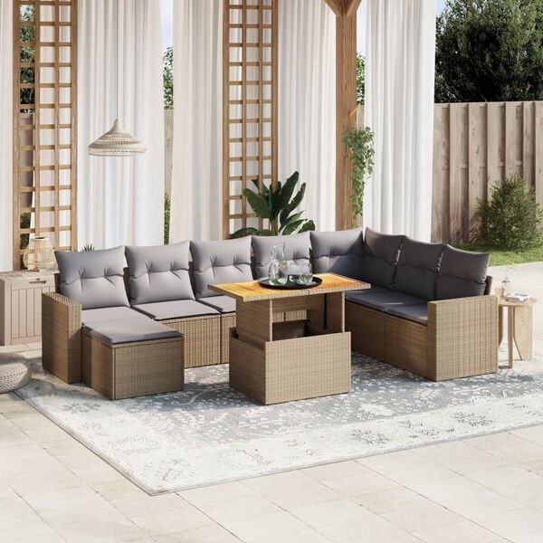 vidaXL Set Divano da Giardino 9 pz con Cuscini Beige in Polyrattan